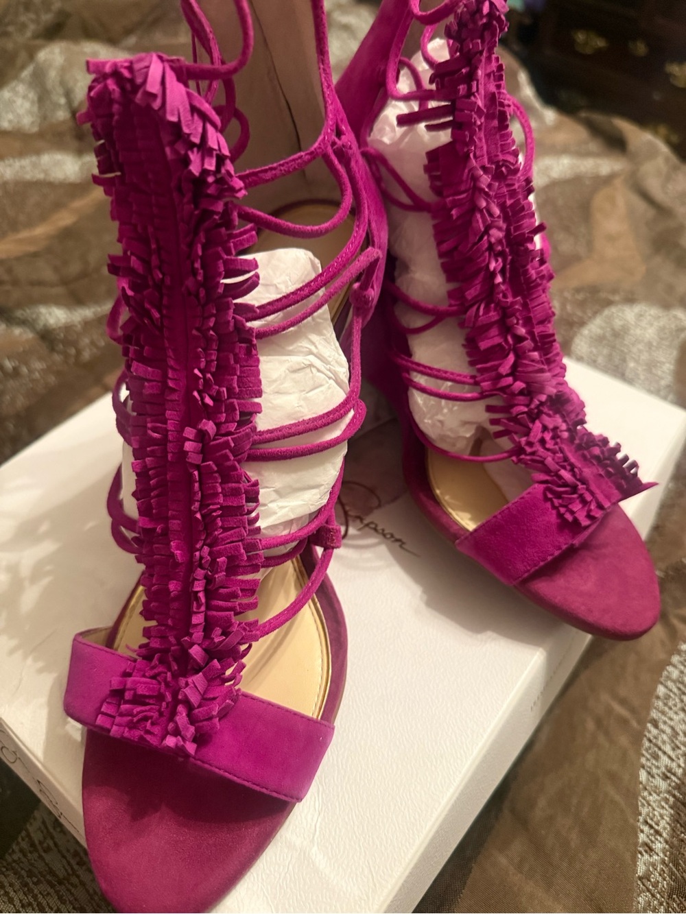 Jessica Simpson Magenta Fringe Lace-Up Heels